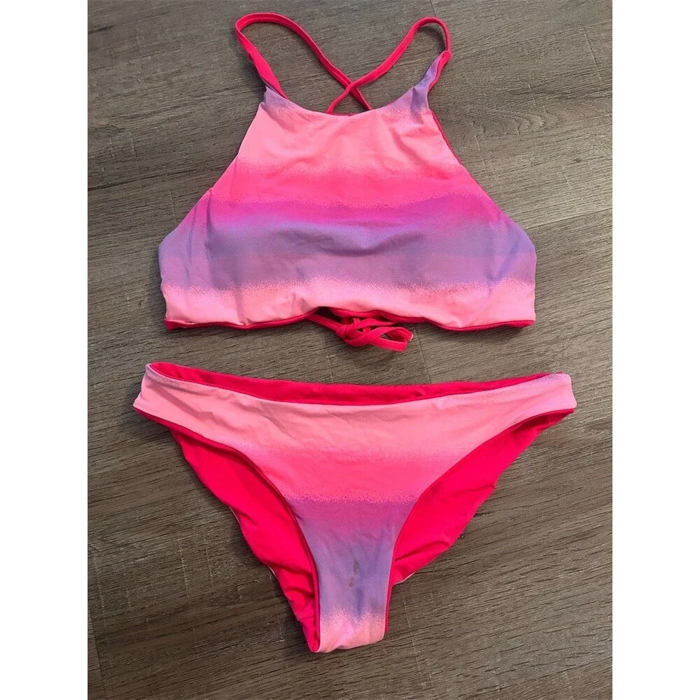 Bikini Set Womens Size M Reversible Ombre High Neck Halter 2 Piece